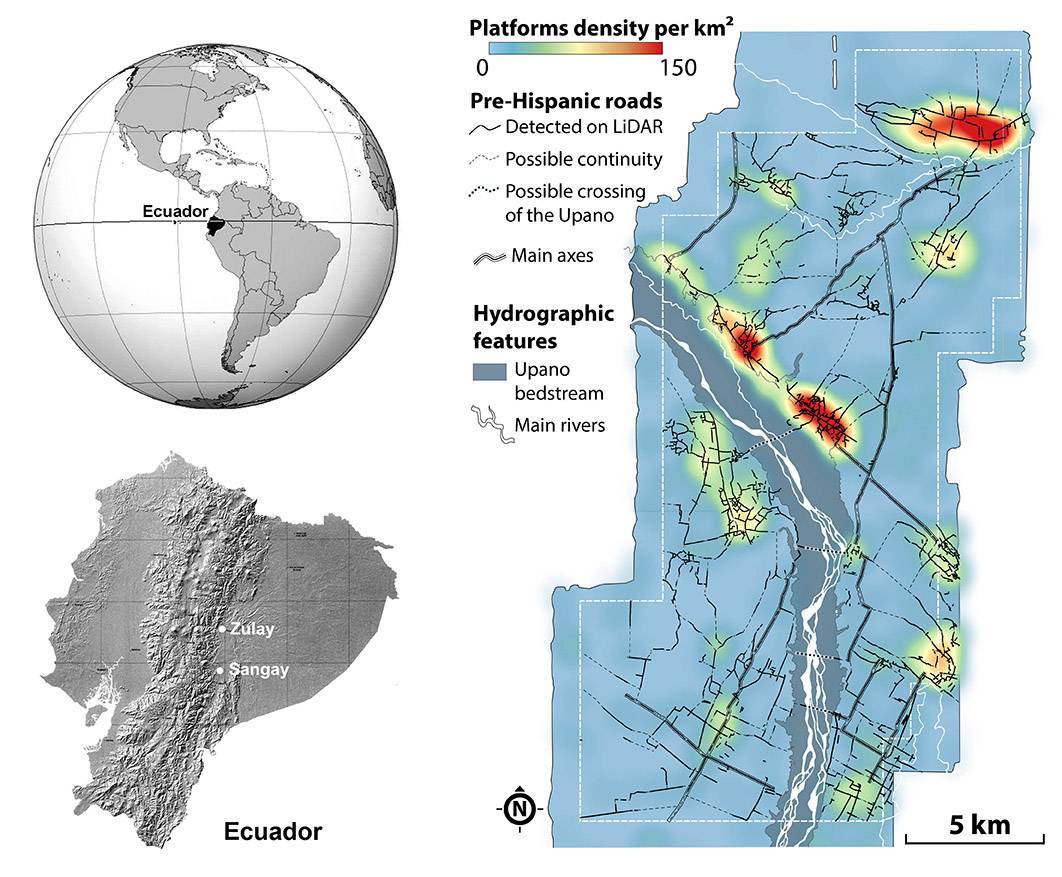 Mapa arqueológico del Valle de Upano (Ecuador). A la derecha, mapa de caminos prehispánicos, con 5 asentamientos principales (rojo y naranja) y 10 secundarios (amarillo y verde). / De imagen Lidar, A. Dorison y S. Rostain