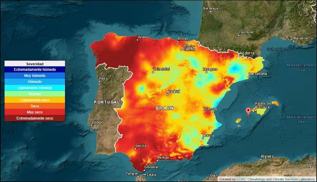 Índices de sequía correspondientes a la segunda semana de agosto de 2025, calculados por el CSIC, a partir de la temperatura, precipitación y la demanda de agua por parte de la atmósfera. CSIC