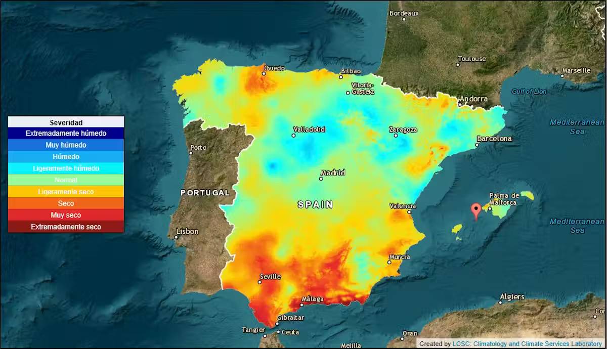 Índices de sequía correspondientes a la segunda semana de julio de 2025, calculados por el CSIC, a partir de la temperatura, precipitación y la demanda de agua por parte de la atmósfera. CSIC