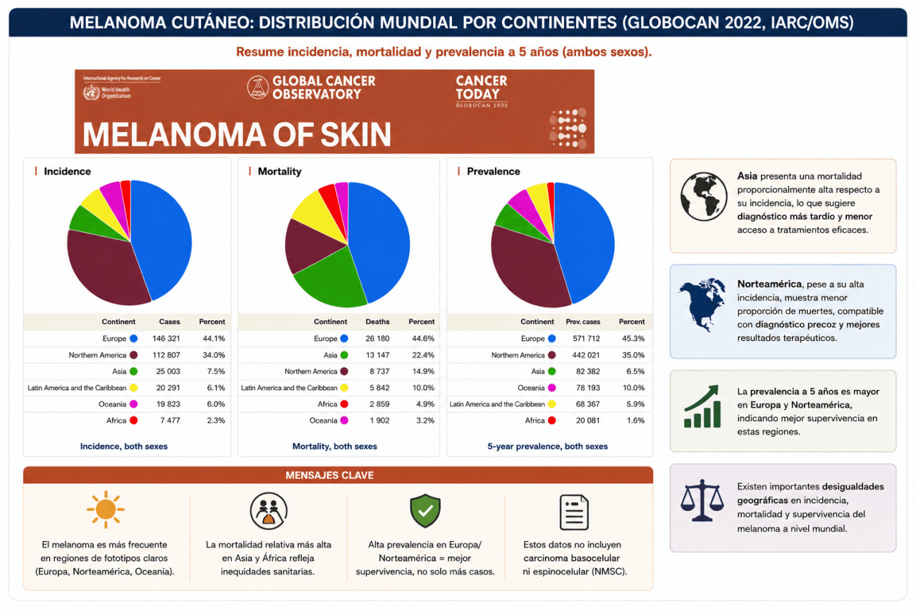 Imagen creada por IA a partir de datos de distribución mundial del melanoma cutáneo por continentes. / Fuente: GLOBOCAN 2022 de la Global Cancer Observatory (IARC/OMS)