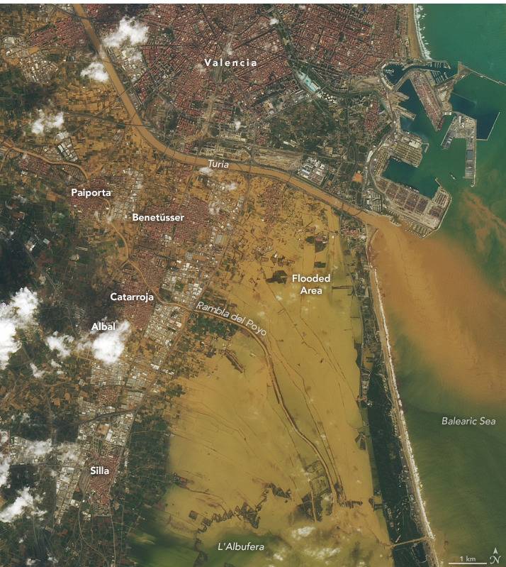 Intensas lluvias caídas en el este de España provocaron mortales y destructivas inundaciones repentinas en la provincia de Valencia. / NASA
