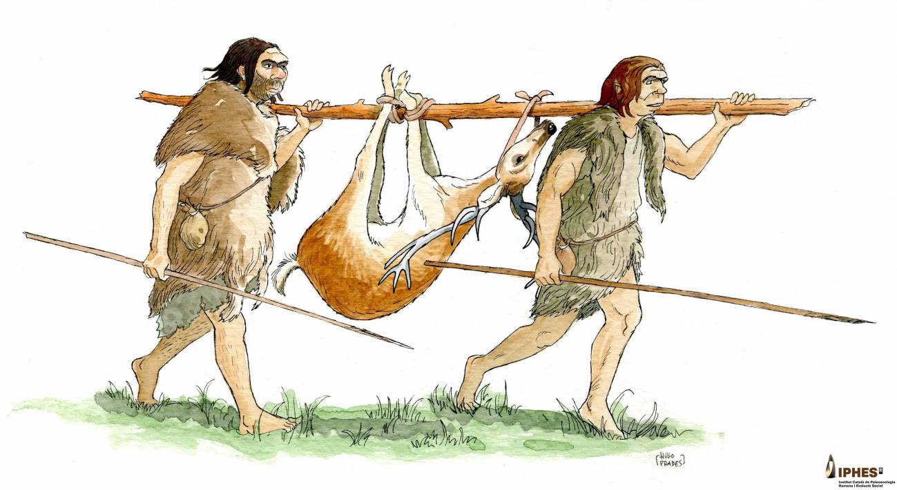 Ilustración de diferentes escenas de grupos neandertales del Abric Romaní utilizando elementos de madera. Autoría: Hugo Prades / IPHES-CERCA.
