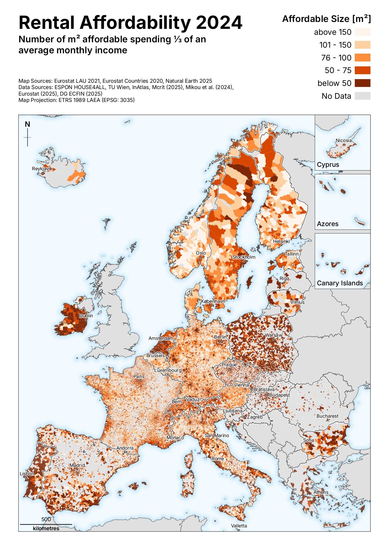 Número de m² que se pueden adquirir dedicando a ello un tercio de los ingresos mensuales medios/ Franziska Sielker & Selim Banabak, Journal of Maps.