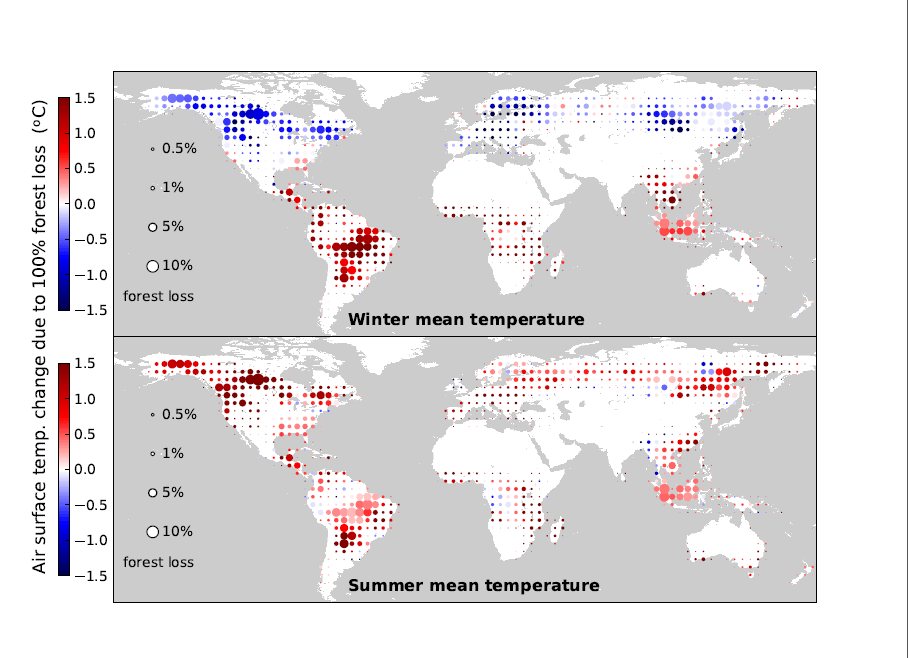 Mapa de las áreas afectadas en la década 2003-2012. Los dos paneles se refieren a la temperatura de invierno y verano, respectivamente / Alessandro Cescatti