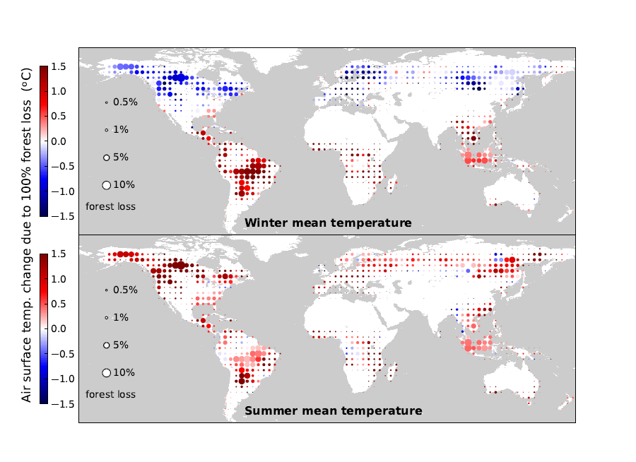 Mapa de las áreas afectadas en la década 2003-2012. Los dos paneles se refieren a la temperatura de invierno y verano, respectivamente / Alessandro Cescatti