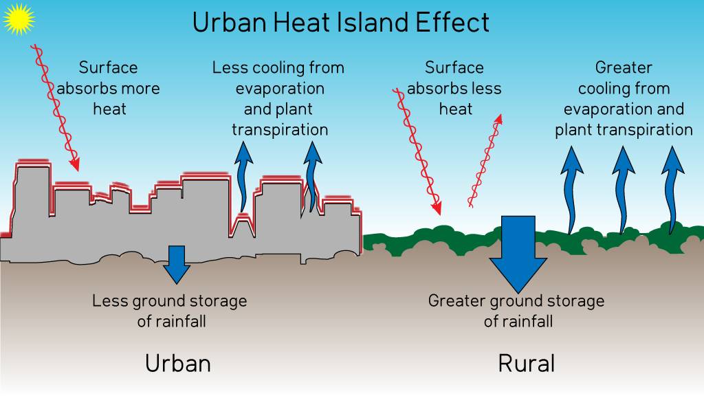 Diagrama del efecto de isla de calor urbano, donde las superficies duras de la ciudad absorben y retienen más calor que las zonas verdes, aumentando la temperatura local. / skepticalscience.com