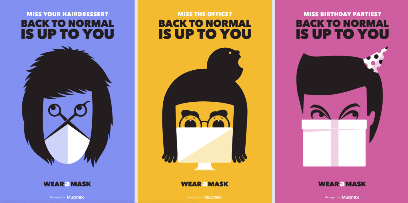 “Volver a la normalidad depende de ti. Usa mascarilla”. Campaña del diseñador gráfico israelí Noma Bar para Mucinex