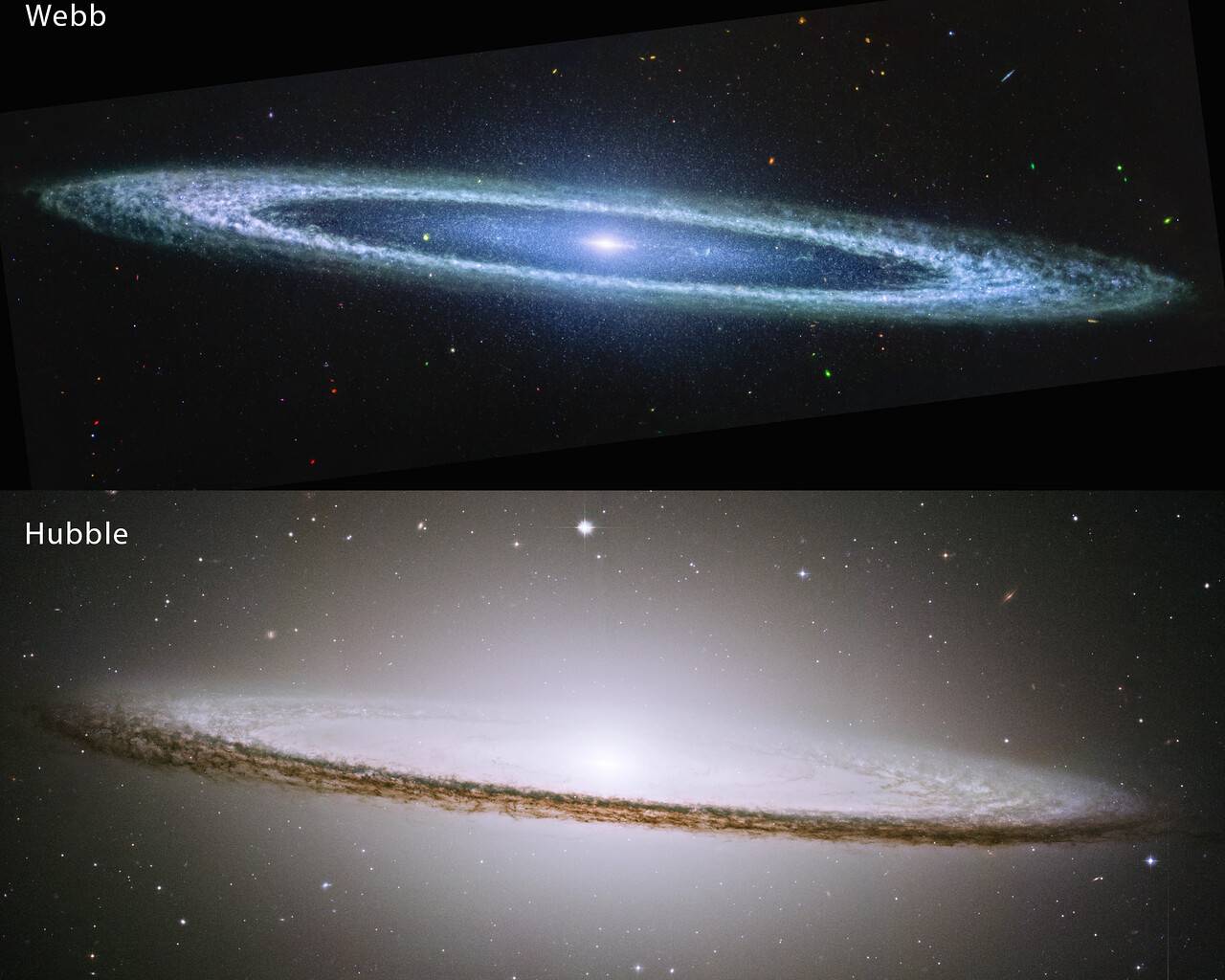Las vistas de Hubble y Webb de la Galaxia del Sombrero.