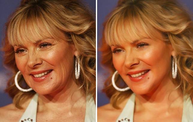 La actriz Kim Cattrall antes y después de un retoque fotográfico