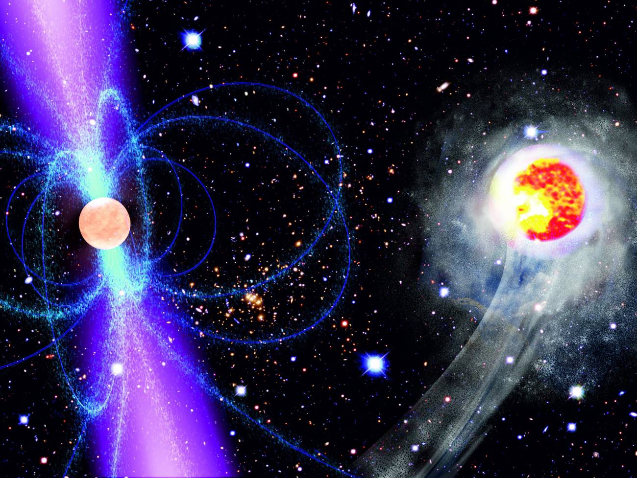 Esta impresión artística muestra cómo la energía de radiación gamma emitida por el pulsar calienta y evapora su estrella acompañante. Imagen: NASA/ESA 