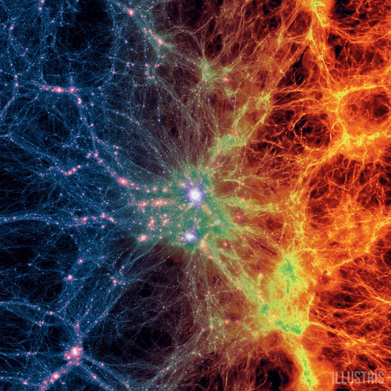 Ilustración de la transición de la densidad de la materia oscura (izquierda) a la del gas (derecha). / Illustris Collaboration