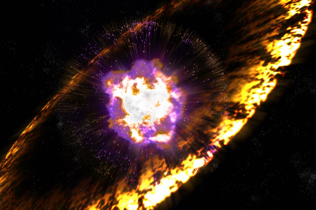Cuando las estrellas explotan, las supernovas envían ondas de choque que aceleran los protones hasta crear rayos cósmicos a través de un proceso conocido como aceleración de Fermi. / Greg Stewart. National Accelerator Laboratory.