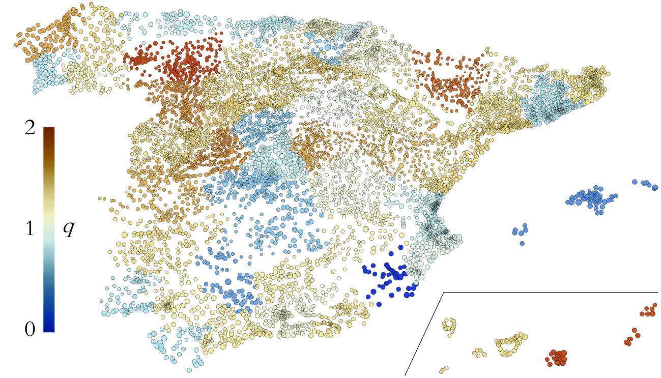 Mapa con las características de la evolución de población en los municipios de España
