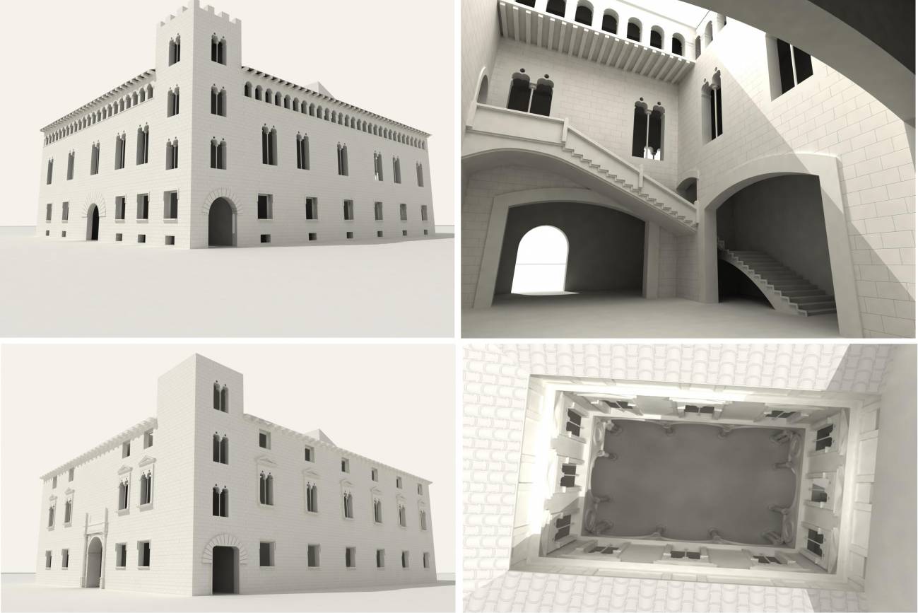 El palacio gótico (arriba) del Embajador Vich en Valencia se transformó en otro renacentista (abajo). El patio también cambió de estilo. / Mercedes Galiana.
