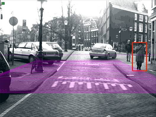 Ejemplo real donde el sistema detecta un peatón (en rojo) dentro del área de detección (en magenta). Imagen: C. G. Keller et al.
