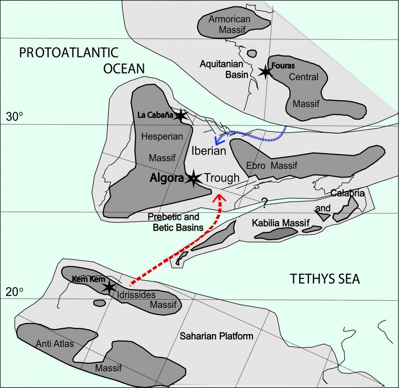 Mapa paleogeográfico con la situación del yacimiento durante el Cenomaniense.