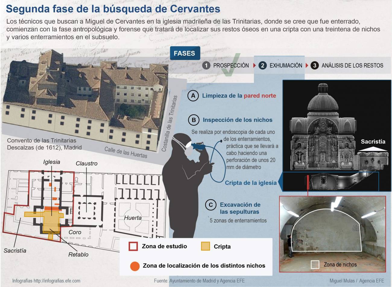 Infografía de las fases en la búsqueda de Cervantes. / Efe