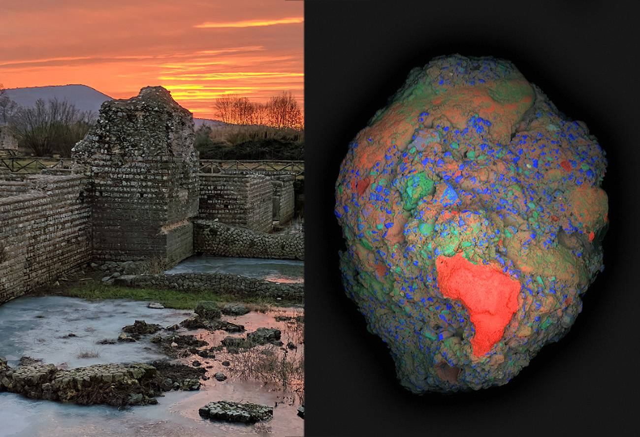 Mapa de elementos de un fragmento de hormigón romano, con un clasto de cal