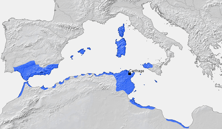 Territorios de la República Cartaginesa en 270 a. C. Mapa: Wikipedia.