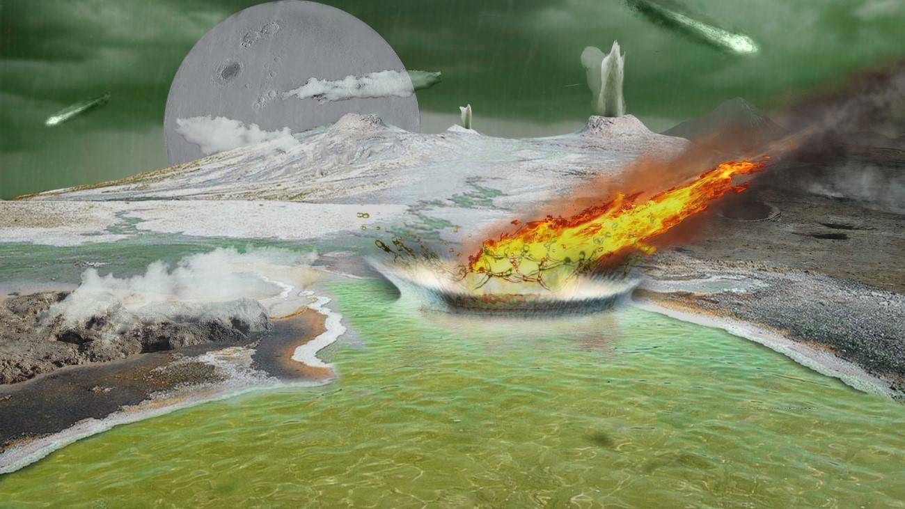 Recreación de la Tierra primitiva. En la imagen se observa como un meteorito impacta contra el océano primitivo