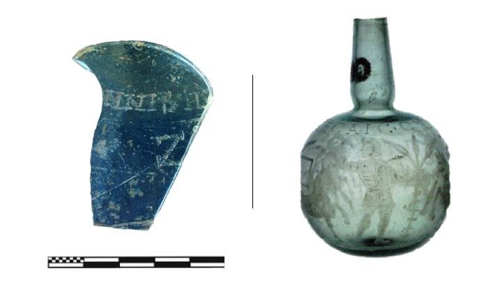 Izquierda: Vidrio localizado en la villa romana de Veranes (Gijón). Derecha: Botella completa del mismo tipo (Isings 103) de la colección del Museo del Louvre (Imagen: Arveiller-Dulong y Nenna [nota 22], pág. 335, nº 948, lámina 73).