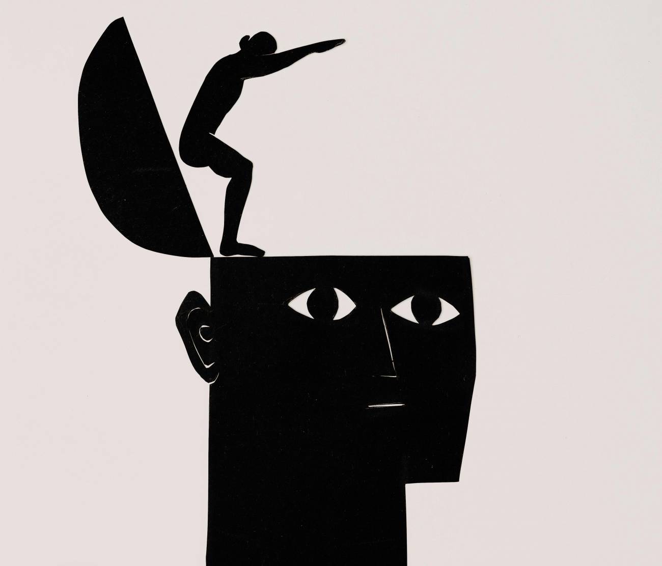 Silueta negra de una cabeza, de donde sale una figura buceando hacia afuera.