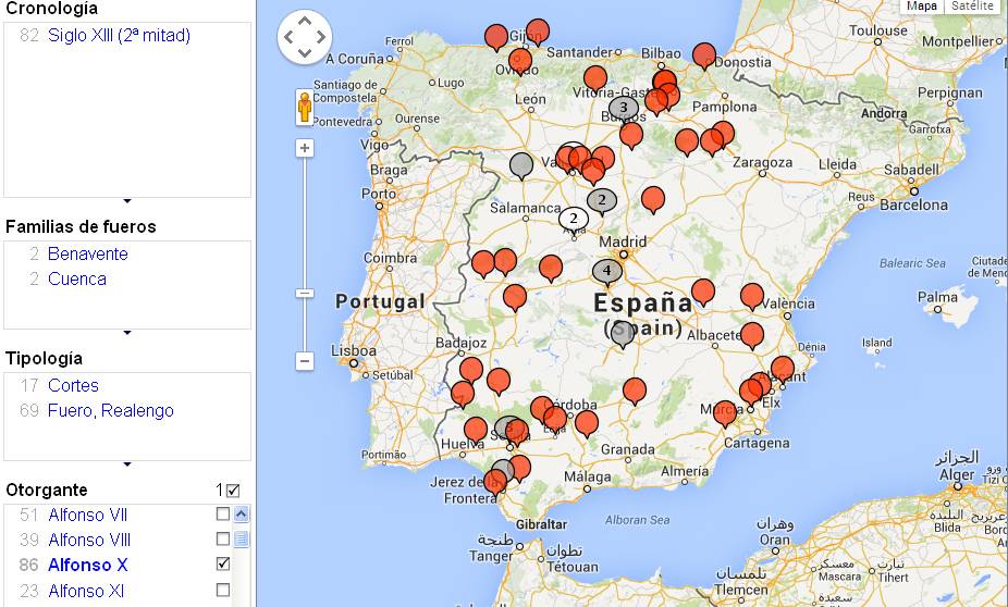 El mapa permite realizar filtros cronológicos por tipo de normas y otorgantes, como es el caso de Alfonso X / HPJP.