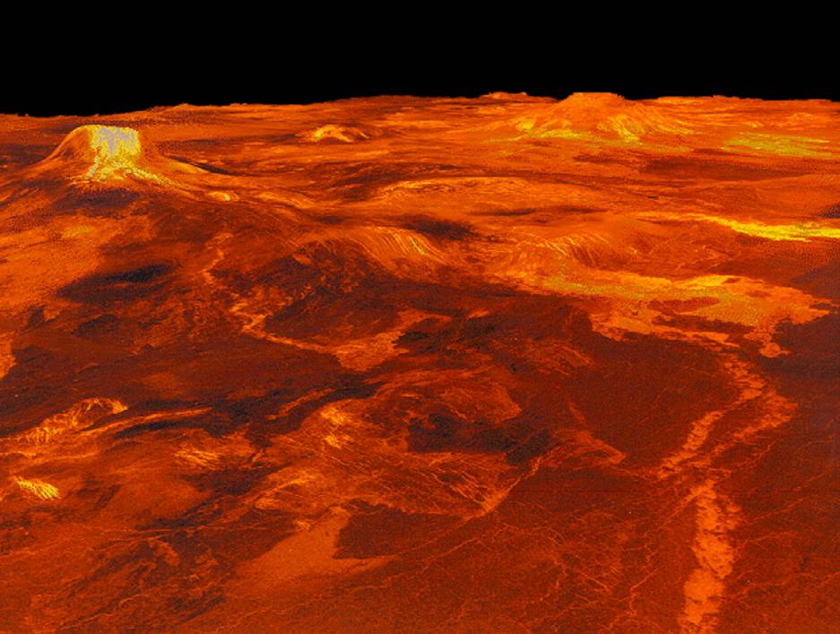 Recreación en 3D de la región venusiana Western Eistla, a partir de imágenes obtenidas por la sonda Magallanes / JPL-NASA.