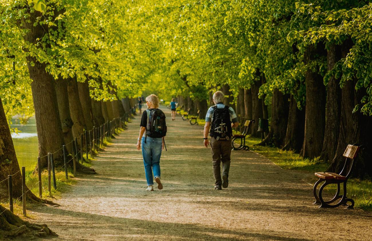 dos personas andando por un parque