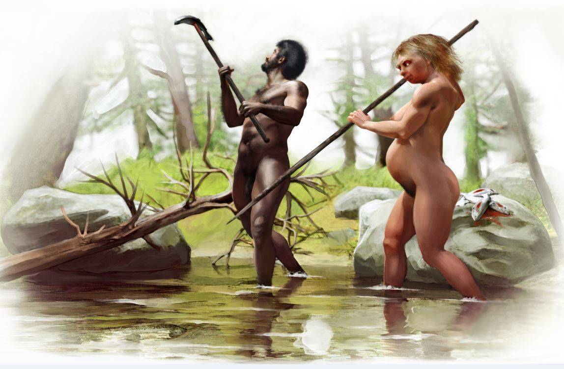 Una pareja de mujer neandertal y hombre Homo sapiens