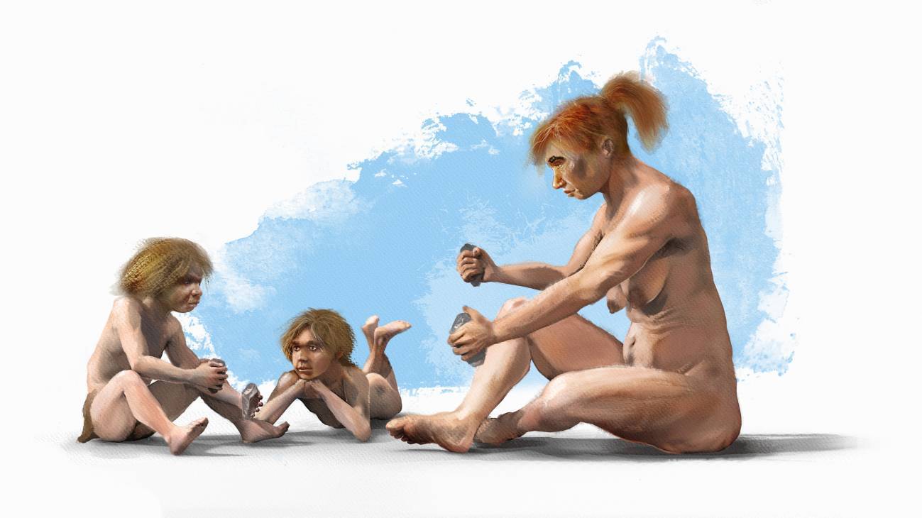 Una mujer neandertal enseñando a los niños de la comunidad a tallar