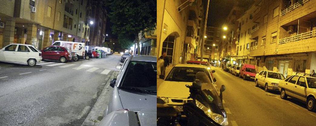 Una calle iluminada con luz blanca (luminarias LED) y otra con luz amarillo-sodio (lámparas de sodio alta presión).