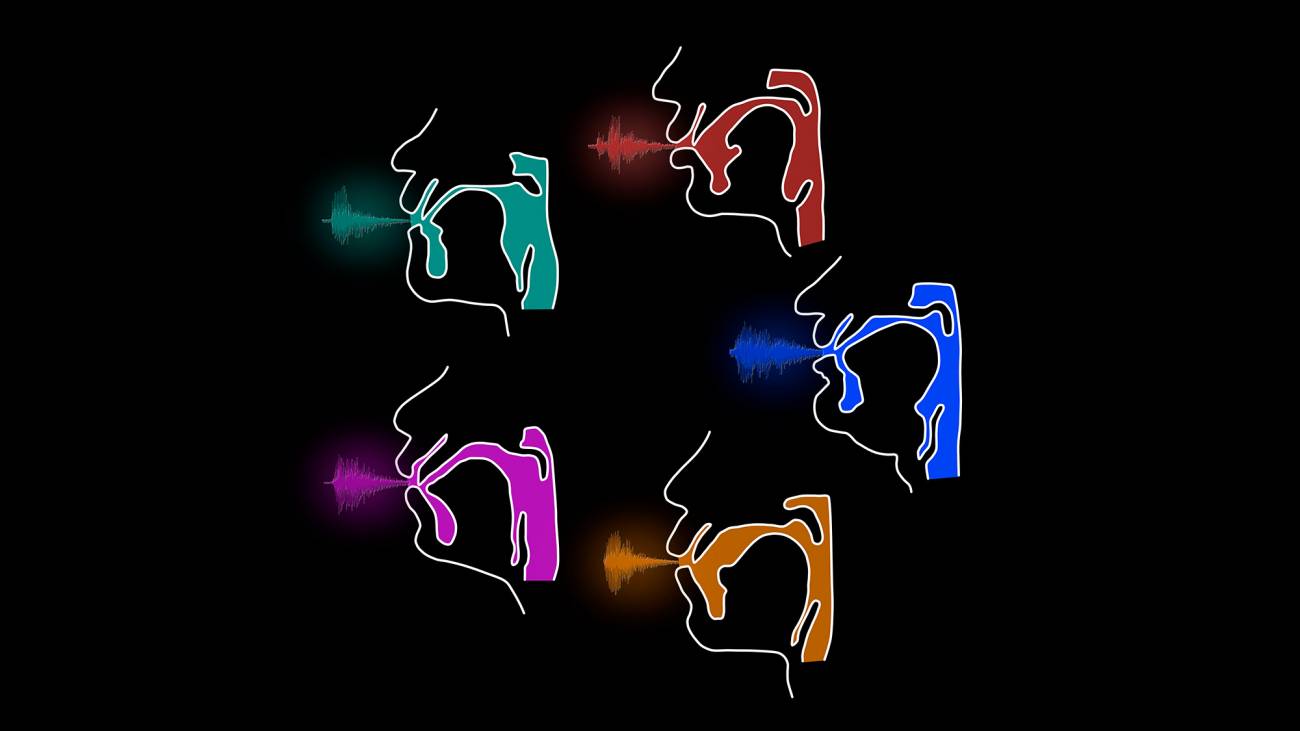 Ilustración de cinco perfiles de cabeza humana sobre fondo negro, con el interior de la boca y la garganta coloreado en verde, rojo, azul, morado y naranja; de cada boca sale una onda de sonido
