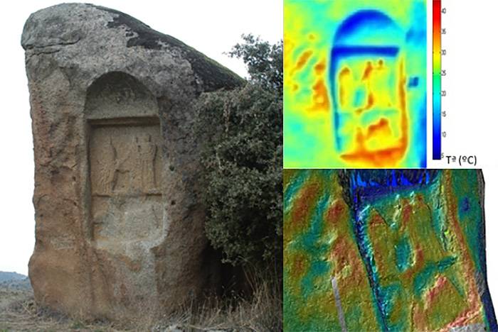Diferencia entre cartografía de datos termográficos tipo y cartografía de base SIG en 3 dimensiones de un mismo elemento (Estela de Cenicientos, Madrid). La nueva cartografía mediante SIG tiene una gran definición en 3D que permite atender al elemento con mayor detalle.