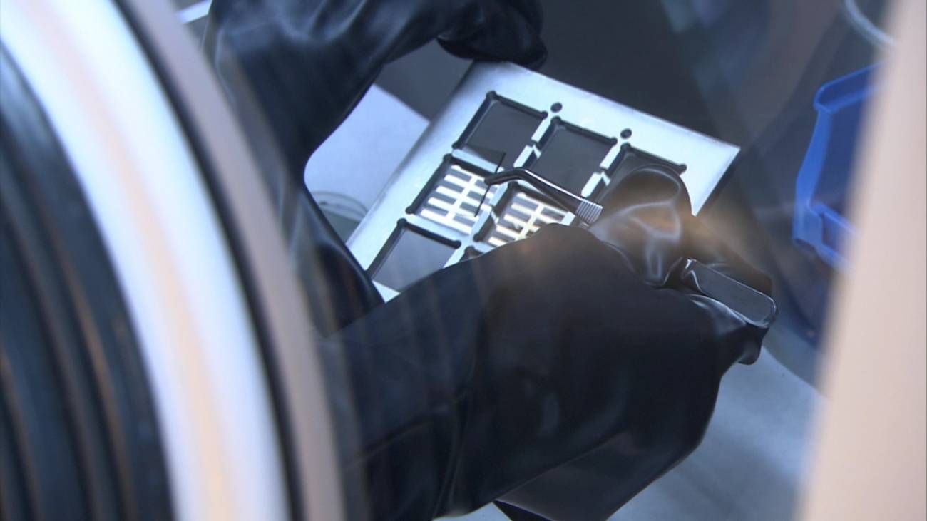 Manipulación de una placa con células orgánicas solares.