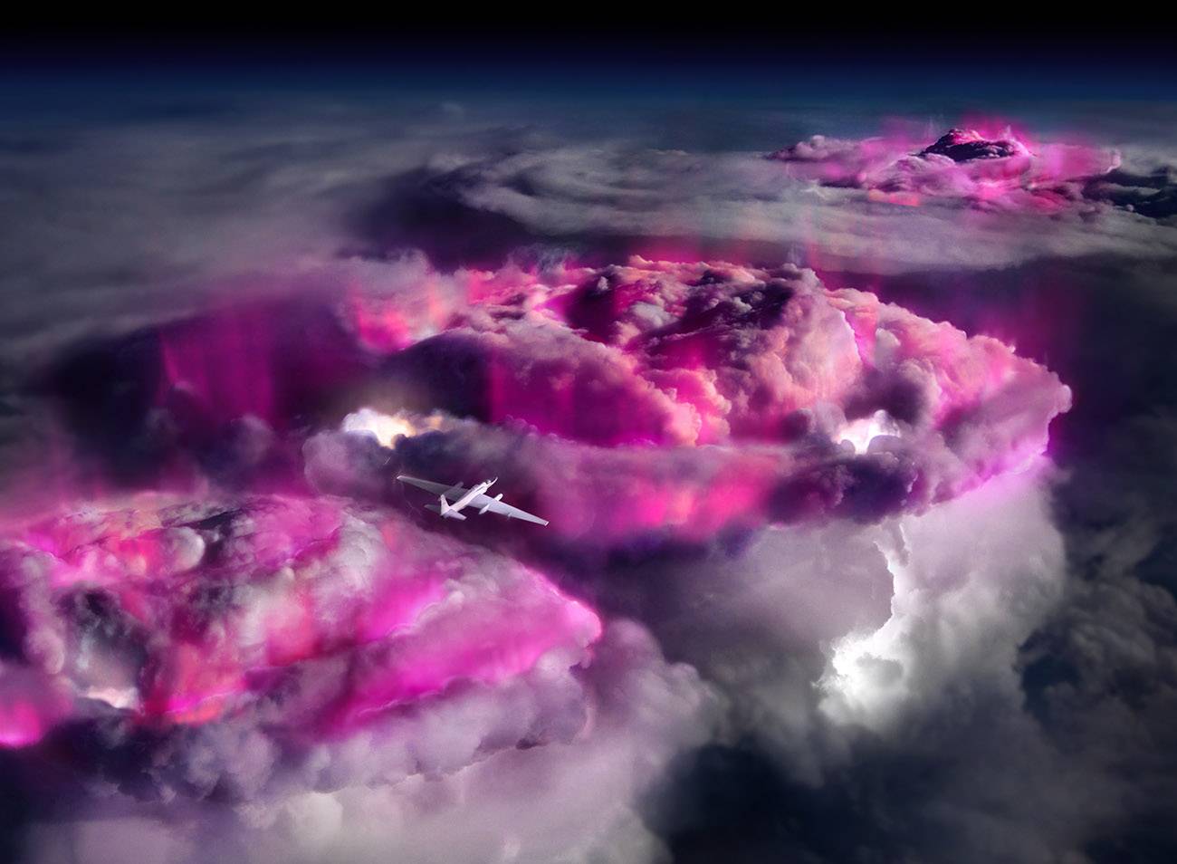 Ilustración del avión de la NASA sobrevolando nubes brillantes de rayos gama