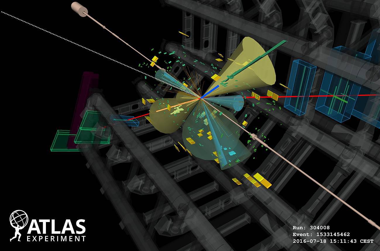 Imagen de una de las colisiones de la señal de cuatro quarks top en el detector ATLAS del LHC