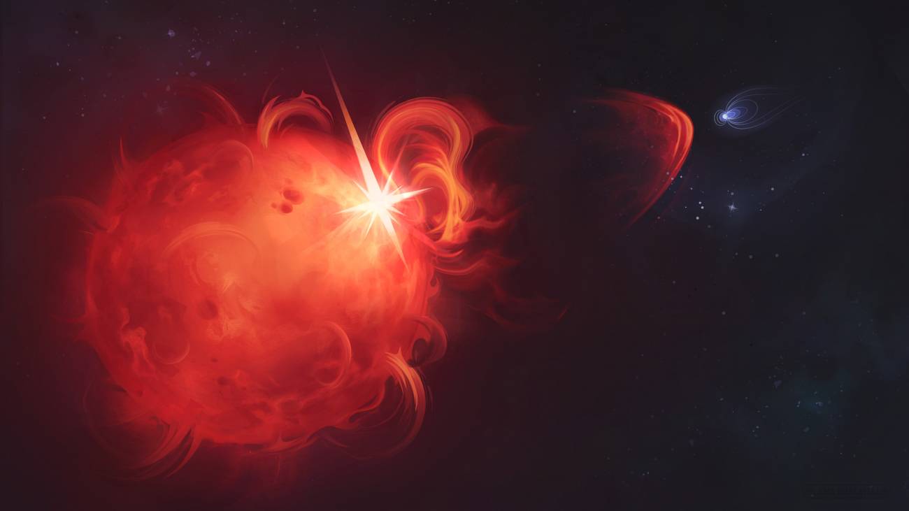 Impresión artística de una gran estrella roja que libera un brillante y explosivo destello de luz. Remolinos rojos y naranjas rodean la estrella, lo que sugiere una intensa actividad. Al fondo, aparece un planeta azul más pequeño con un rastro tenue y difuso que se aleja de él, lo que indica que su atmósfera está siendo expulsada. La escena se desarrolla sobre un fondo espacial oscuro salpicado de estrellas.