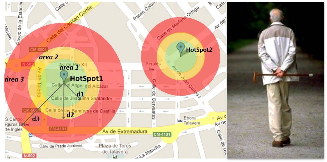 Ejemplo de disposición de áreas geográficas de seguridad.