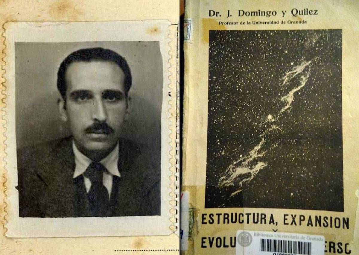 Fotografía del catedrático José Domingo Quílez y uno de sus libros, conservado en la biblioteca de la Facultad de Ciencias de la Universidad de Granada. / UGR