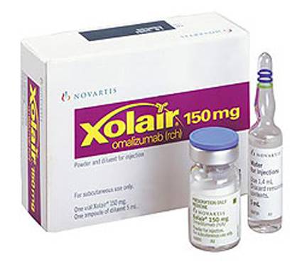 Caja de un medicamento a vase del compuesto omalizumab. / Wikipedia