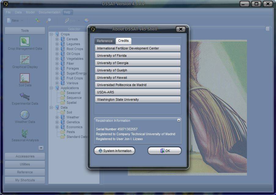 Interfaz de DSSAT en cuyos créditos figura la UPM