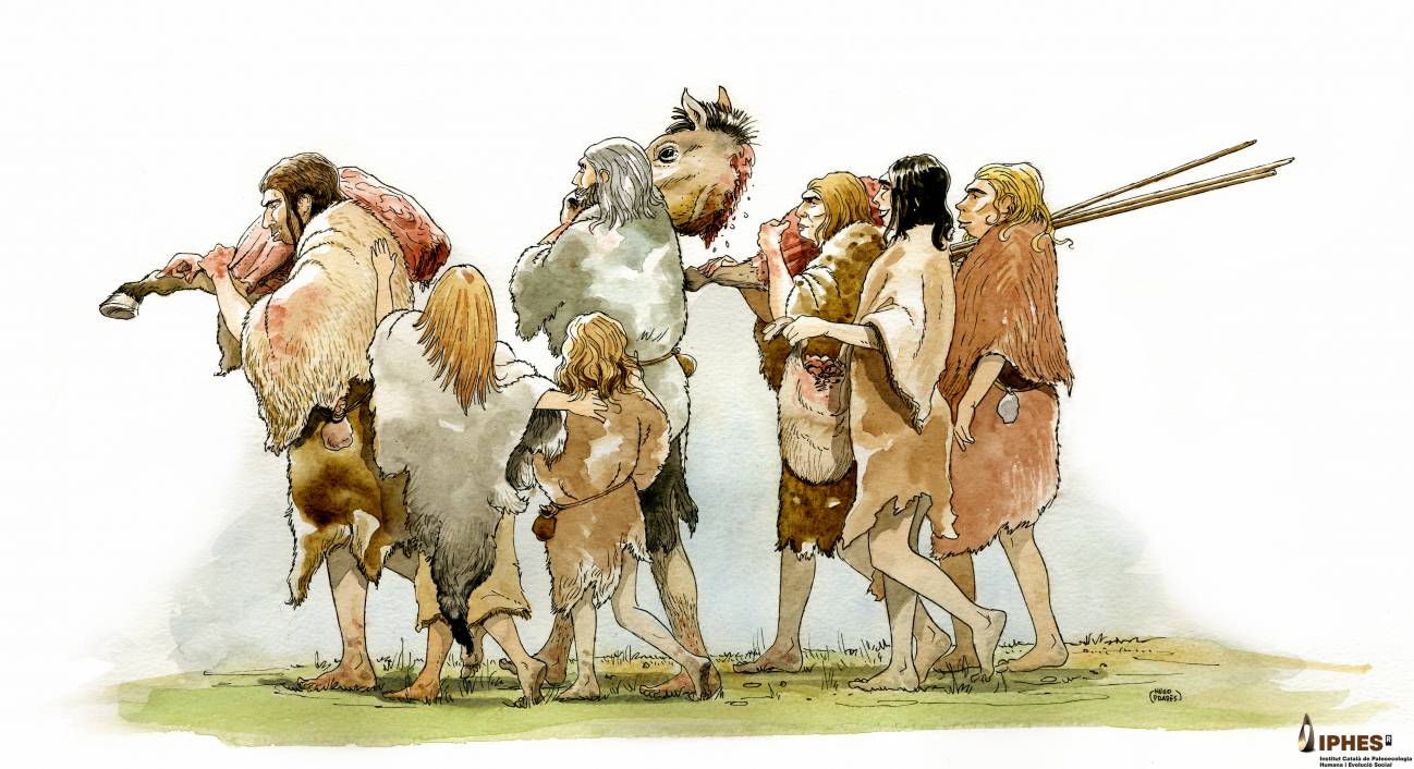 Ilustración de diferentes escenas de grupos neandertales del Abric Romaní utilizando elementos de madera. 