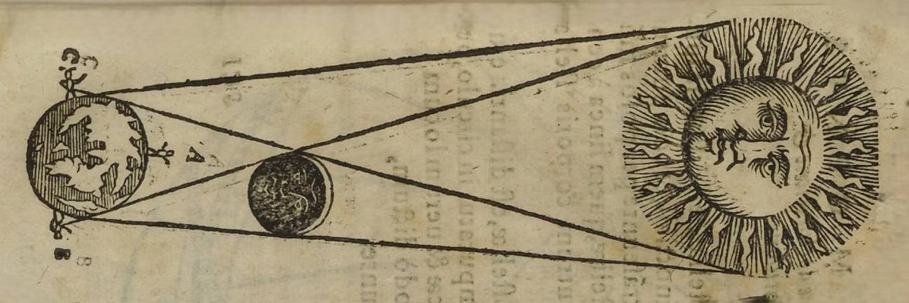 El dibujo ilustra la geometría que produce un eclipse cuando la Luna se interpone entre el Sol y la Tierra.