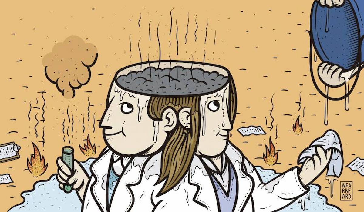 Ilustración sobre la crisis de salud mental y laboral en la ciencia