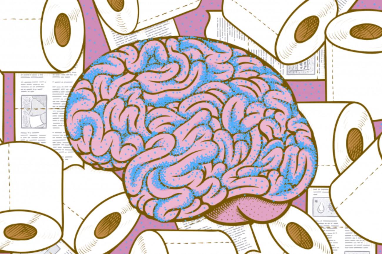 Ilustración cerebro rodeado rollos papel higiénico con impresiones de periódico