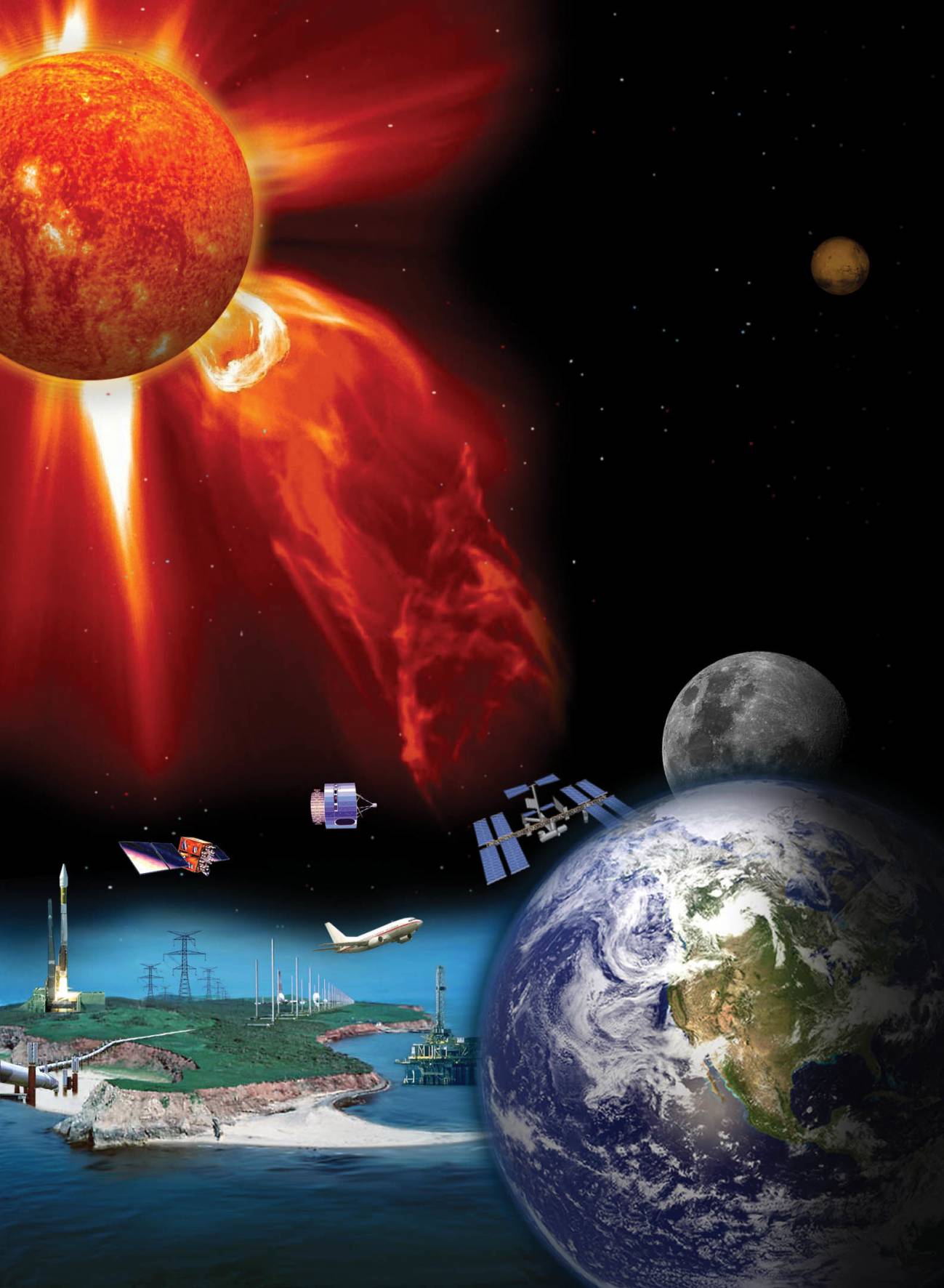 Imagen que ilustra los riesgos asociados a las tormentas solares sobre la tecnología terrestre/National Space Weather Program 