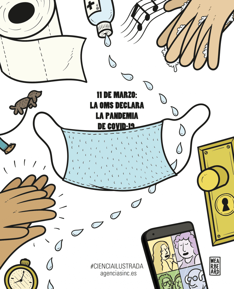 Ilustración con objetos característicos de la pandemia COVID-19