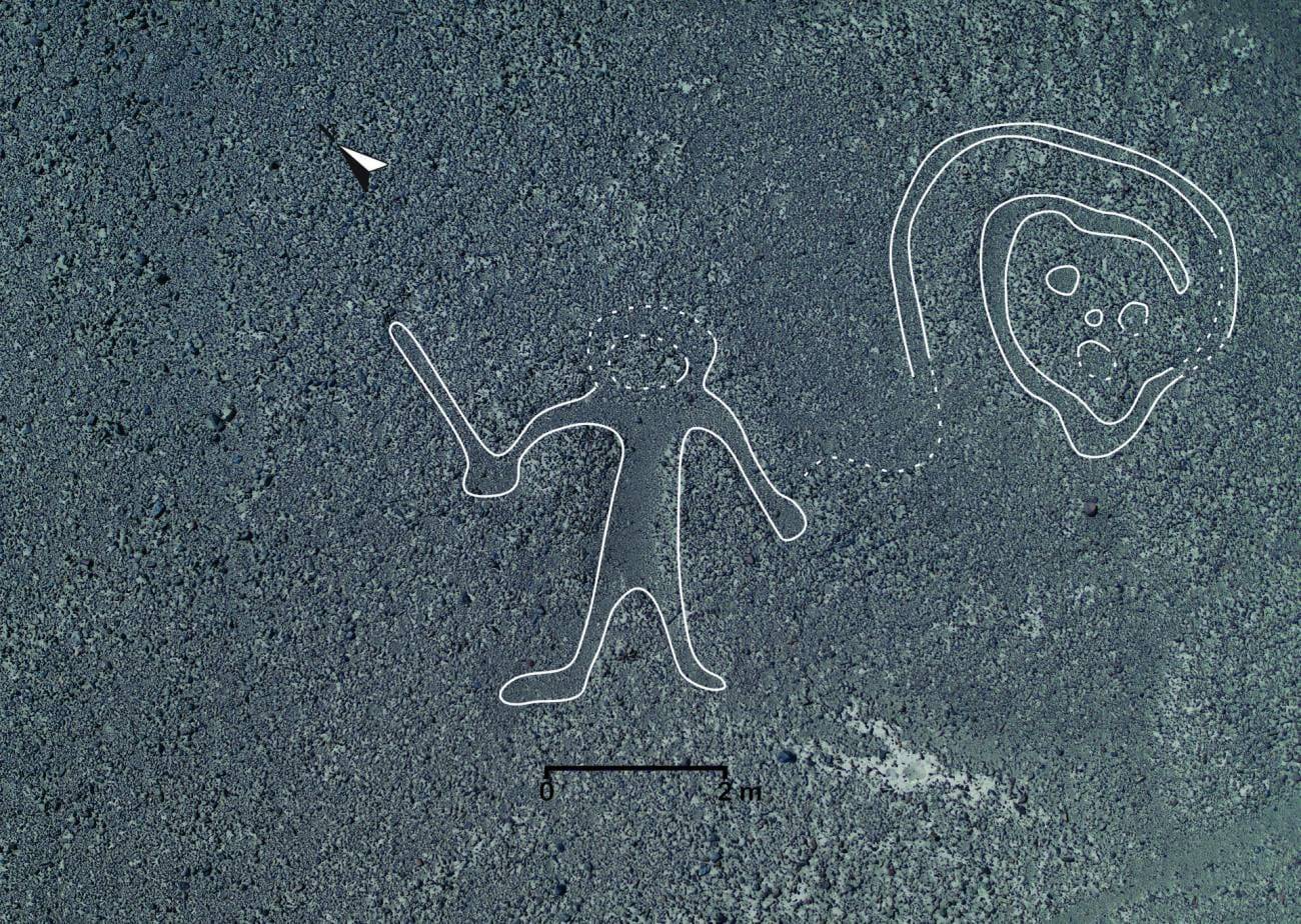 vista aérea con líneas que describen dos nuevos geoglifos en Nazca