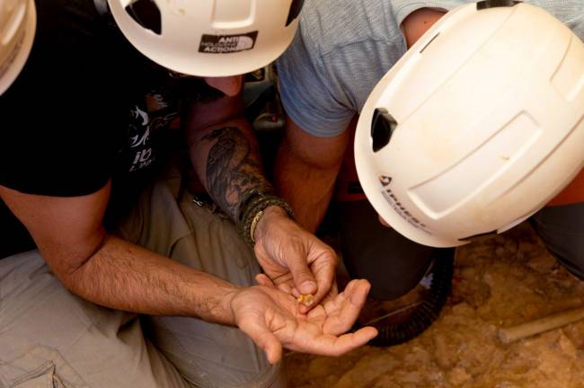  Momento del hallazgo de un diente de Homo antecessor de más de 850.000 años en el nivel TD6 de Gran Dolina (Sierra de Atapuerca, Burgos). / IPHES-CERCA | Maria D. Guillén